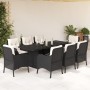 Set da Pranzo da Giardino 9 pz con Cuscini Nero in Polyrattan