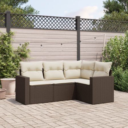 Set Divano da Giardino 4 pz con Cuscini Marrone in Polyrattan