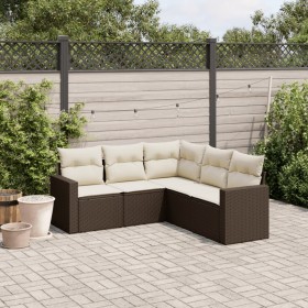 Set Divano da Giardino 5 pz con Cuscini Marrone in Polyrattan