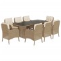 Set da Pranzo da Giardino 9 pz con Cuscini Beige in Polyrattan