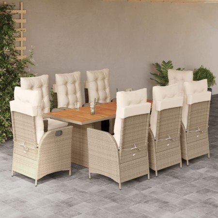 Set da Pranzo da Giardino 9 pz con Cuscini Beige in Polyrattan