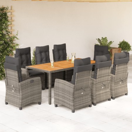 Set da Pranzo da Giardino 9 pz con Cuscini in Polyrattan Grigio