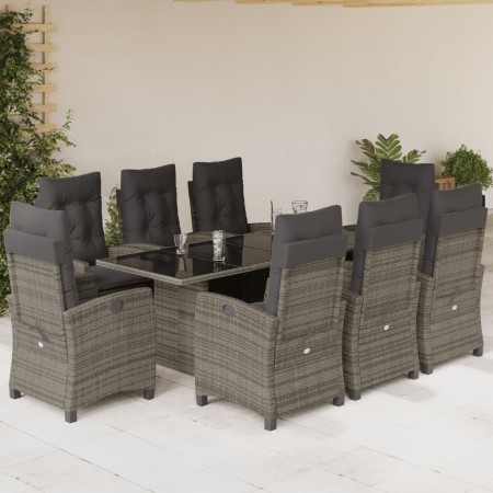 Set da Pranzo da Giardino 9 pz con Cuscini in Polyrattan Grigio