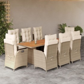 Set da Pranzo da Giardino 9 pz con Cuscini Beige in Polyrattan