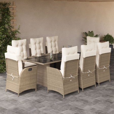 Set da Pranzo da Giardino 9 pz con Cuscini Beige in Polyrattan