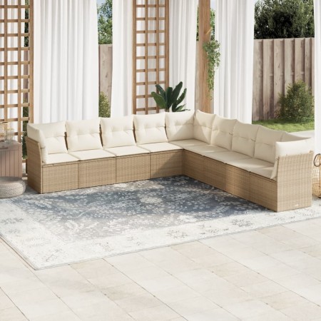 Set Divano da Giardino 9 pz con Cuscini Beige in Polyrattan