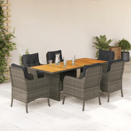 Set da Pranzo da Giardino 7 pz con Cuscini in Polyrattan Grigio