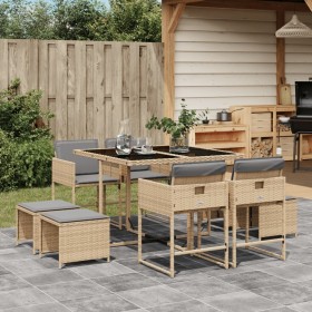 Set Pranzo da Giardino 9 pz con Cuscini Beige Misto Polyrattan