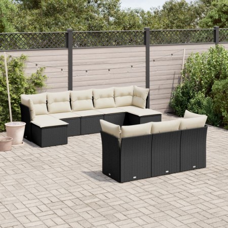 Set Divani da Giardino 10pz con Cuscini in Polyrattan Nero