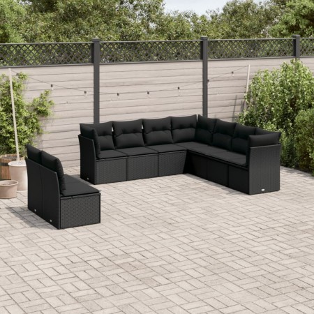 Set Divani da Giardino 9 pz con Cuscini Nero in Polyrattan