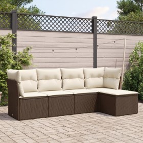 Set Divano da Giardino 5 pz con Cuscini Marrone in Polyrattan