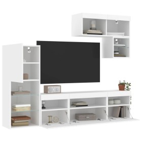 Mobili TV a Muro con LED 6pz Bianchi in Legno Multistrato