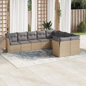 Set Divano da Giardino 9 pz con Cuscini Beige in Polyrattan