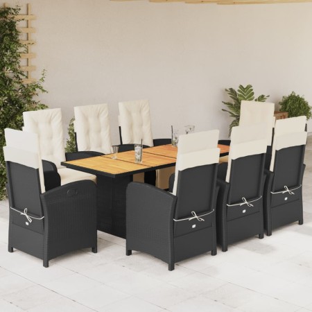 Set da Pranzo da Giardino 9 pz con Cuscini Nero in Polyrattan