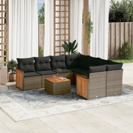 Set Divano da Giardino 9 pz con Cuscini Grigio in Polyrattan