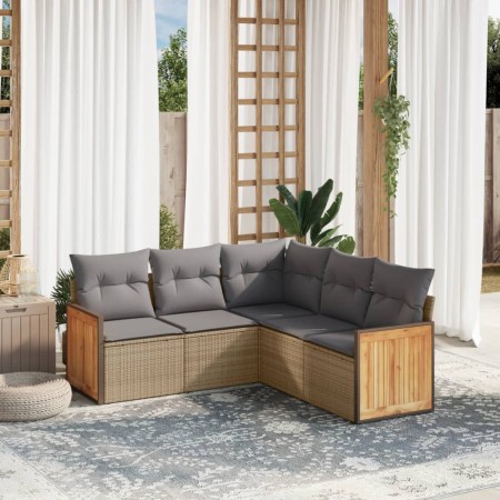 Set Divano da Giardino 5 pz con Cuscini Beige in Polyrattan