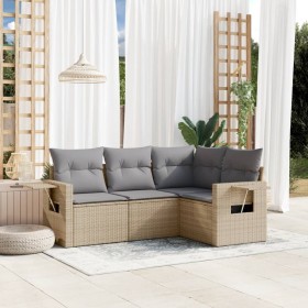 Set Divano da Giardino 4 pz con Cuscini Beige in Polyrattan