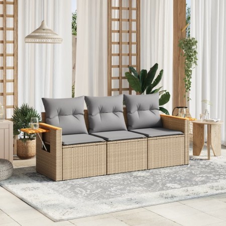 Set Divano da Giardino 3 pz con Cuscini Beige in Polyrattan