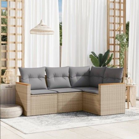 Set Divano da Giardino 4 pz con Cuscini Beige in Polyrattan