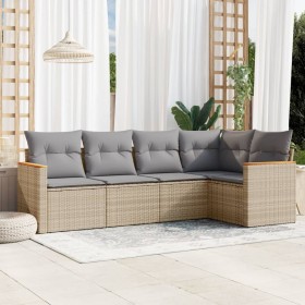 Set Divano da Giardino 5 pz con Cuscini Beige in Polyrattan