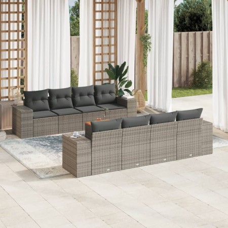 Set Divano da Giardino 9 pz con Cuscini Grigio in Polyrattan