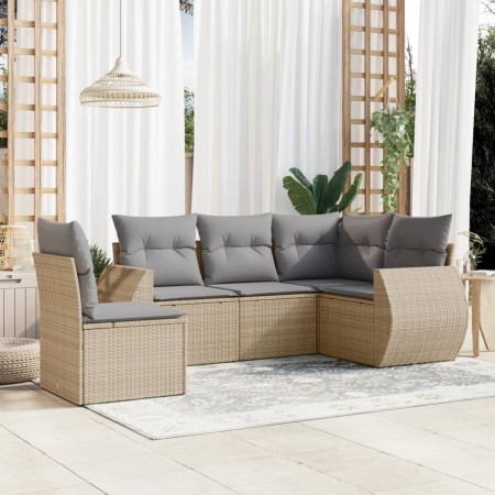 Set Divano da Giardino 5 pz con Cuscini Beige in Polyrattan