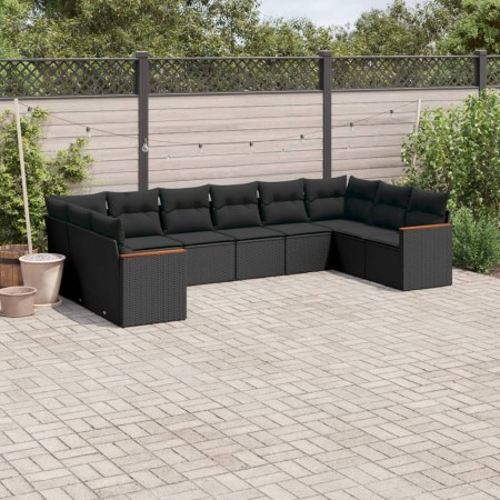 Set Divani da Giardino 10pz con Cuscini in Polyrattan Nero