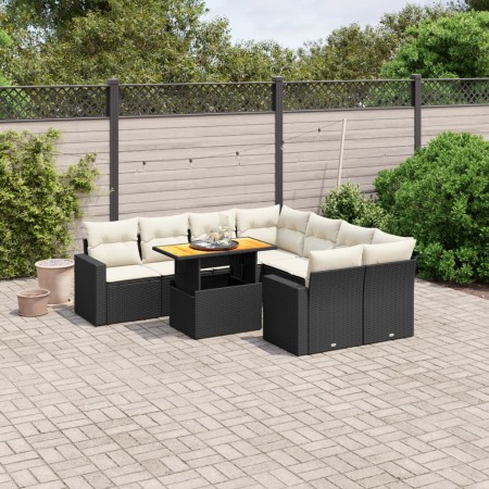 Set Divani da Giardino 9 pz con Cuscini Nero in Polyrattan