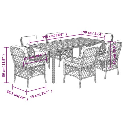 Set da Pranzo da Giardino 7 pz con Cuscini in Polyrattan Grigio