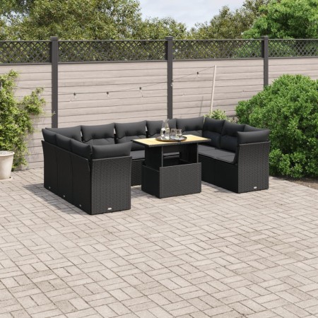 Set Divani da Giardino 10pz con Cuscini in Polyrattan Nero