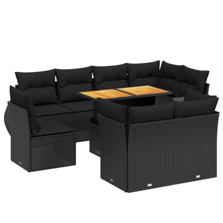 Set Divani da Giardino 9 pz con Cuscini Nero in Polyrattan