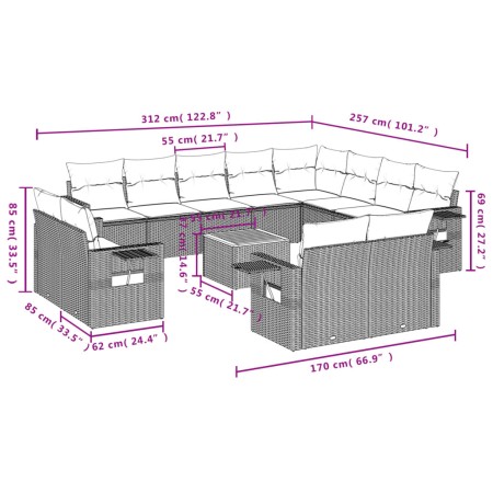 Set Divani da Giardino 13pz con Cuscini Nero in Polyrattan