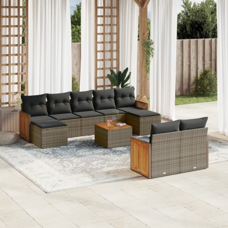 Set Divano da Giardino 10 pz con Cuscini Grigio in Polyrattan