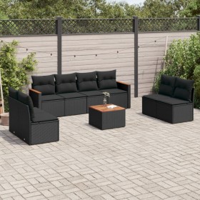 Set Divani da Giardino 9 pz con Cuscini Nero in Polyrattan