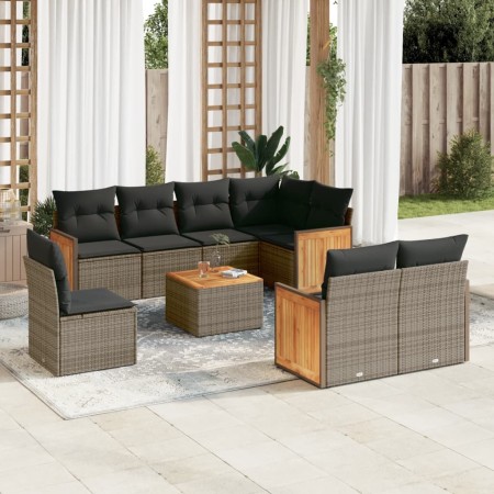 Set Divano da Giardino 9 pz con Cuscini Grigio in Polyrattan