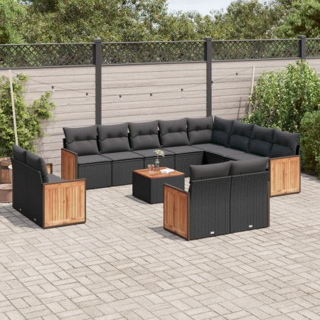 Set Divani da Giardino 13pz con Cuscini Nero in Polyrattan