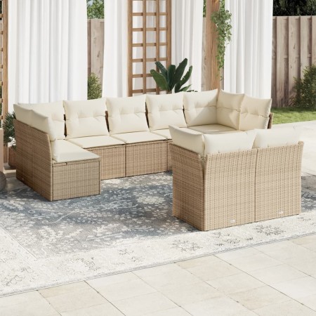 Set Divano da Giardino 9 pz con Cuscini Beige in Polyrattan