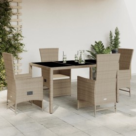 Set da Pranzo da Giardino 5 pz con Cuscini Beige in Polyrattan