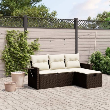 Set Divano da Giardino 4 pz con Cuscini Marrone in Polyrattan