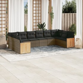 Set Divano da Giardino 10 pz con Cuscini Grigio in Polyrattan