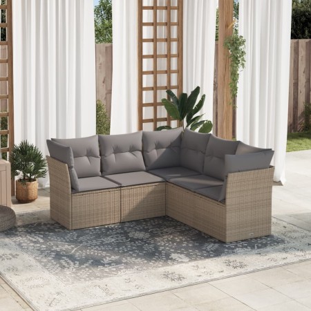 Set Divano da Giardino 5 pz con Cuscini Beige in Polyrattan