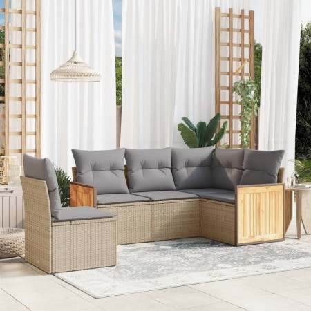 Set Divano da Giardino 5 pz con Cuscini Beige in Polyrattan