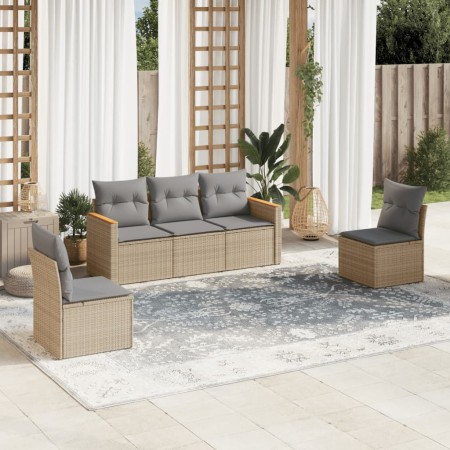 Set Divano da Giardino 5 pz con Cuscini Beige in Polyrattan