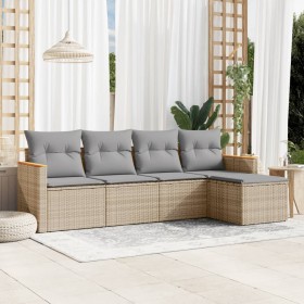 Set Divano da Giardino 5 pz con Cuscini Beige in Polyrattan