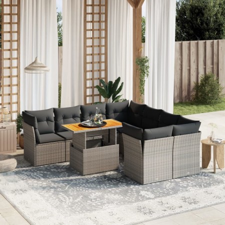 Set Divano da Giardino 9 pz con Cuscini Grigio in Polyrattan