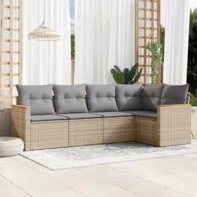 Set Divano da Giardino 5 pz con Cuscini Beige Misto Polyrattan