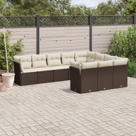 Set Divani da Giardino 10pz con Cuscini in Polyrattan Marrone