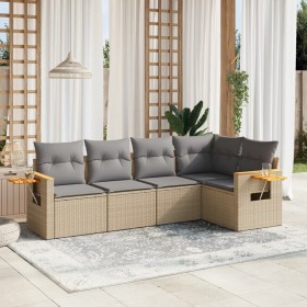 Set Divano da Giardino 5 pz con Cuscini Beige in Polyrattan