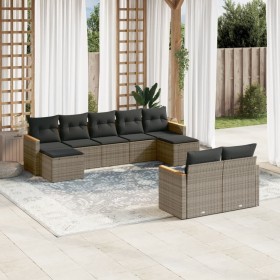 Set Divano da Giardino 9 pz con Cuscini Grigio in Polyrattan