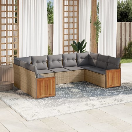 Set Divano da Giardino 9 pz con Cuscini Beige in Polyrattan